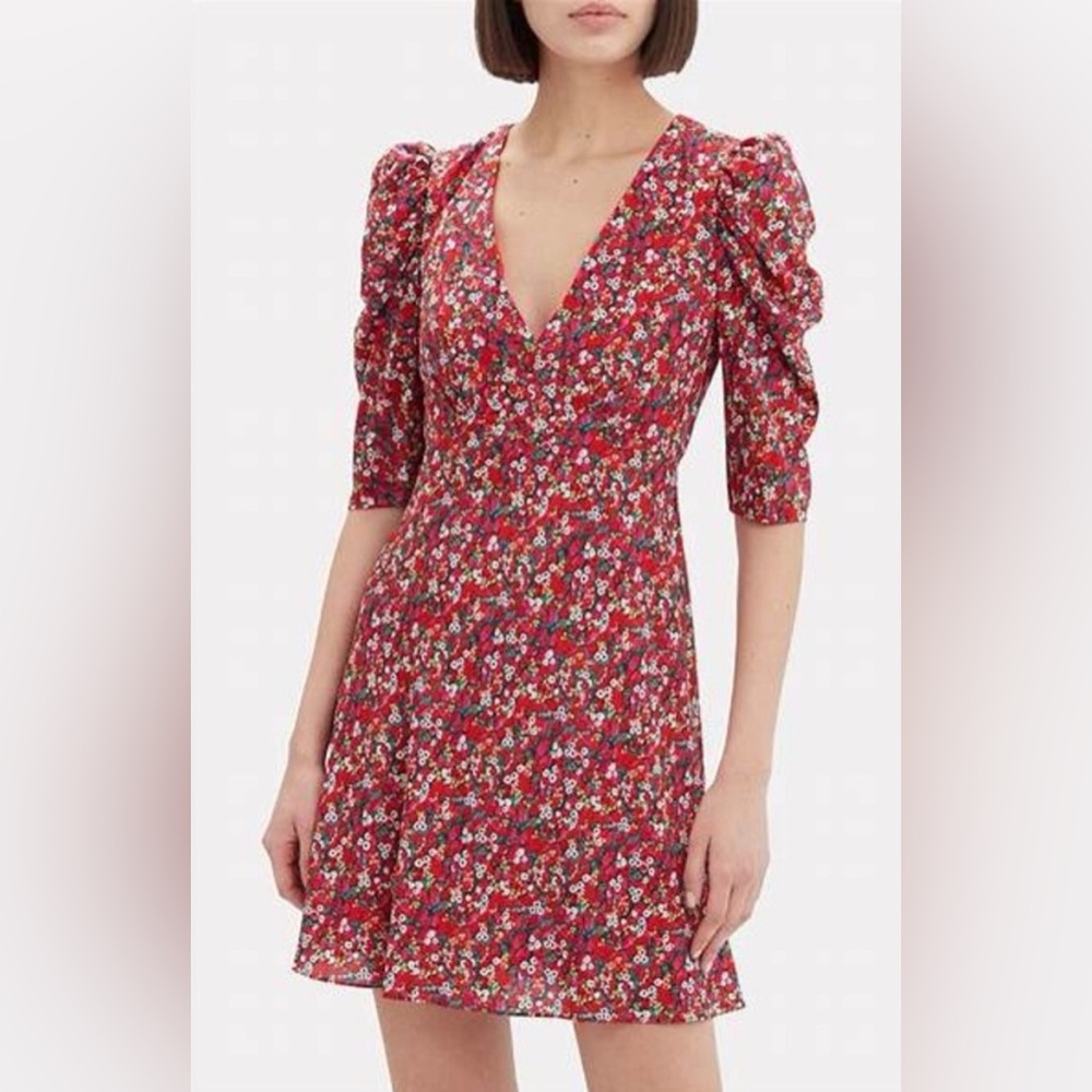 EUC Saloni Red Silk Colette Dress Size US 6/UK 10 Short Pink White Yellow V-Neck
